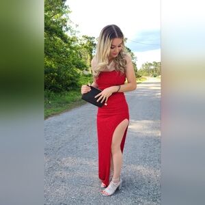 Windsor Red Sparkle Formal Dress with Side Slit, Size S